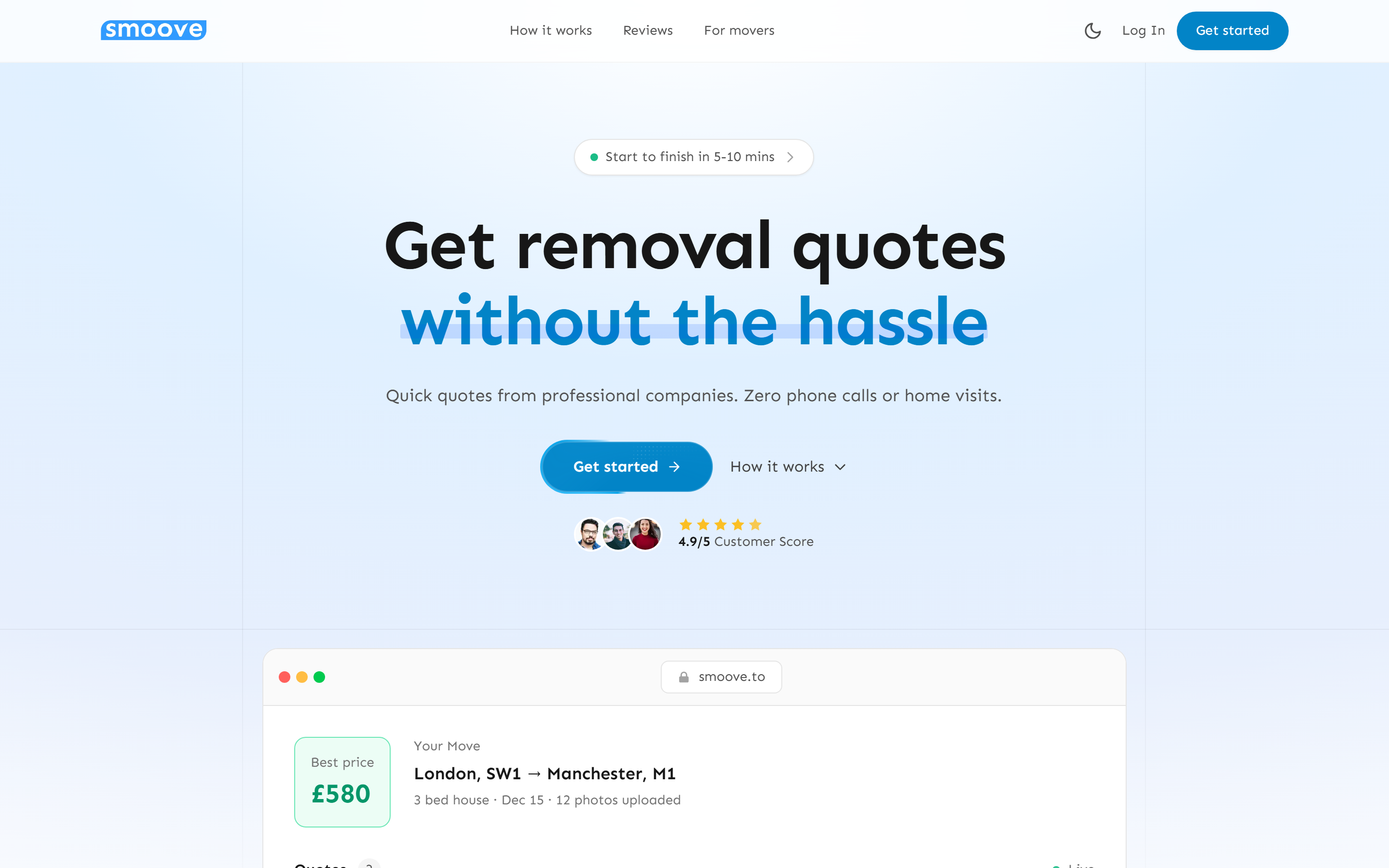 Smoove homepage showing instant removal quotes and customer dashboard preview